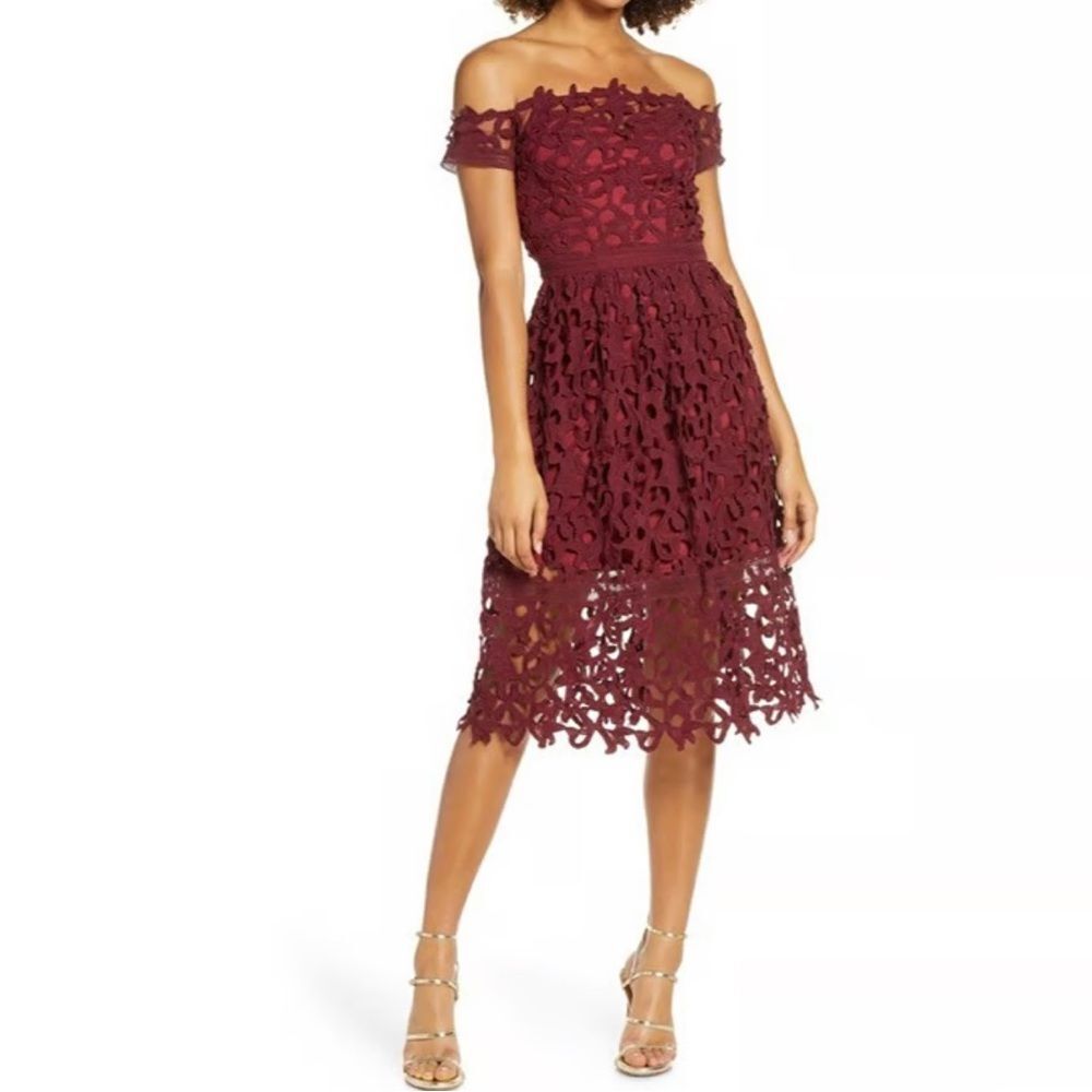 Off-Shoulder Red/Merlot Lace Midi Off Shoulder Cocktail Dress Size L